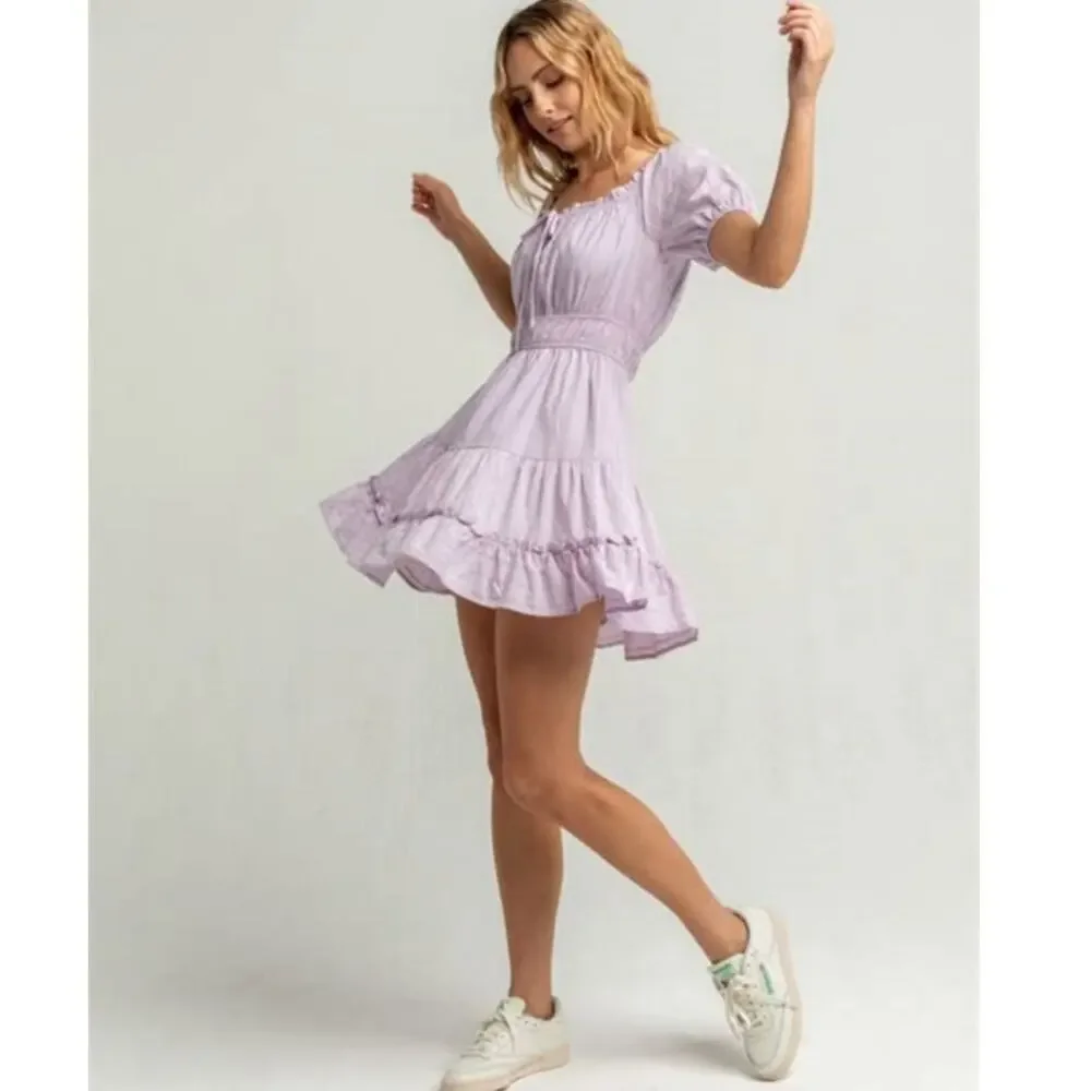 Lost + Wander Mini Dress Puff Sleeve Tiered Purple XS NWT